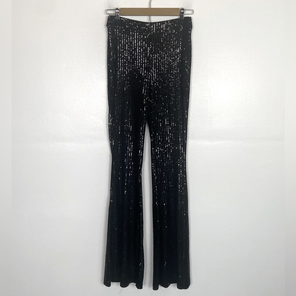 Banjul Women Sequin Flare Pants Size S Black Sheer Legs Lined Short Party Dance